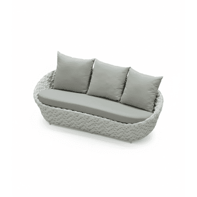 A light grey woven outdoor loveseat featuring a curved, oval-shaped body and upholstered with matching light grey seat and three back cushions. — 3D model (AI enhanced source)
