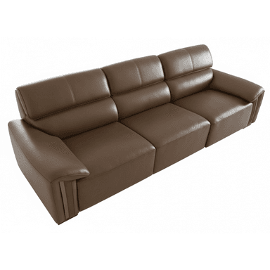 A contemporary three-seater sofa upholstered in rich brown leather, featuring distinct, segmented cushions suggesting individual reclining functionality. The wide armrests are gently curved and include subtle dark metallic accents on their outer sides, contributing to its modern aesthetic. The backrests are designed with an integrated headrest-like shape for enhanced comfort. — 3D model (AI enhanced source)