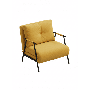A modern upholstered armchair featuring a bright yellow fabric and a minimalist black metal frame. The chair has a comfortable, button-tufted back cushion and a thick, layered seat cushion. The metal frame extends to form slender armrests, partially covered with a lighter-colored wrap. The design incorporates a mechanism that suggests it may be convertible, possibly into a bed, given the layered structure beneath the seat. Its overall aesthetic is contemporary and functional. — 3D model (AI enhanced source)
