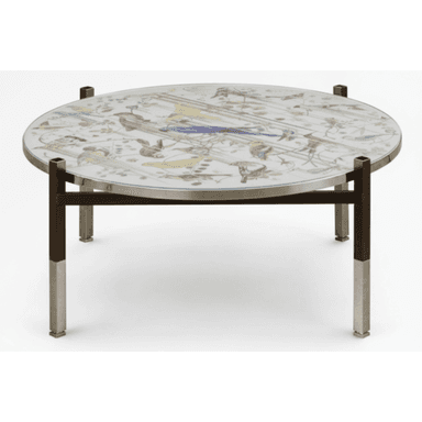 A round coffee table with a glass top featuring an intricate design of birds and foliage. The base is constructed with metal legs in a dark brown and brushed metal finish, forming a square frame under the tabletop and supporting the circular glass. — 3D model (AI enhanced source)