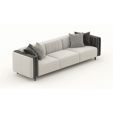 A long, contemporary three-seater sofa featuring channel-tufted armrests and back panels in a dark contrasting fabric, combined with lighter textured fabric for the seat cushions and central backrest. It sits on discreet, dark-colored legs. — 3D model (AI enhanced source)
