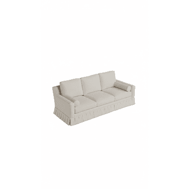 A three-seater sofa featuring a full skirted base, straight track arms, and upholstered in a light-colored fabric. It includes three individual seat cushions, three back cushions, and two cylindrical bolster pillows on the arms. — 3D model (AI enhanced source)