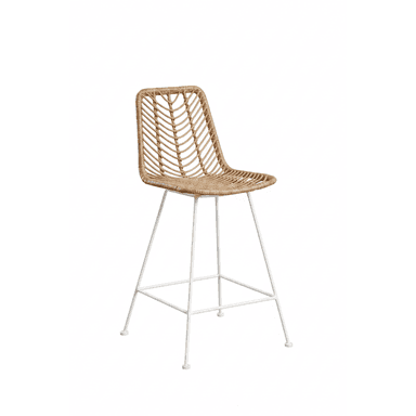 A tall bar stool featuring a woven natural rattan seat and backrest, supported by a white powder-coated metal frame. The frame includes crossbars that serve as a footrest. — 3D model (AI enhanced source)