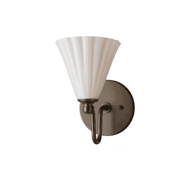 A single wall sconce featuring a conical, fluted shade made of opal glass. The shade is supported by a curved metal arm with a dark bronze or antique brass finish, which extends from a circular wall-mounted backplate of the same material and finish. — 3D model (AI enhanced source)