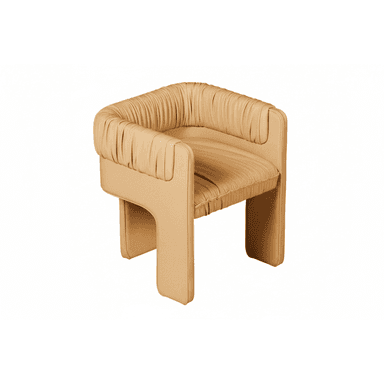 A contemporary armchair featuring a distinctive ruched and gathered upholstery design, rendered in a warm, light tan color. The chair has a boxy, monolithic silhouette with integrated armrests and a continuous upholstered base, giving it a sculptural and cohesive appearance. The soft, textured fabric adds a tactile element to its modern form. — 3D model (AI enhanced source)