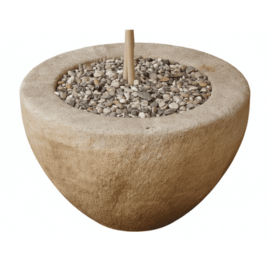 A large, bowl-shaped planter crafted from natural stone, featuring a textured, light brown surface. The planter is filled with small, multi-colored decorative pebbles, with the visible base of a plant stem emerging from the center. — 3D model (AI enhanced source)