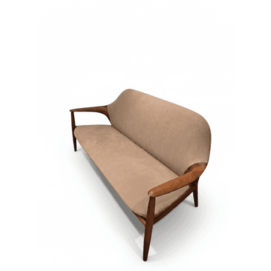 A two-seater sofa or loveseat featuring a visible wooden frame and light beige upholstery. The frame has a distinct, curved design, forming both the armrests and the legs. The backrest is gently curved, offering a streamlined aesthetic. — 3D model (AI enhanced source)