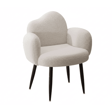 A contemporary accent chair featuring a sculptural form with an organically shaped backrest and integrated rounded armrests, upholstered in cream bouclé fabric. It is supported by four dark, splayed, tapered legs with brass caps. — 3D model (AI enhanced source)