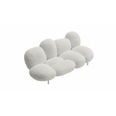 A contemporary three-seater sofa composed of multiple organically shaped, rounded cushions upholstered in a soft, light-colored bouclé fabric. The design mimics large pebbles or clouds, featuring a low profile supported by subtle, minimalist legs. — 3D model (AI enhanced source)