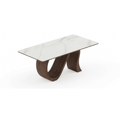 A modern rectangular coffee table featuring a white faux marble top and a unique, sculptural dark wood base with a curved, S-shaped design. — 3D model (AI enhanced source)
