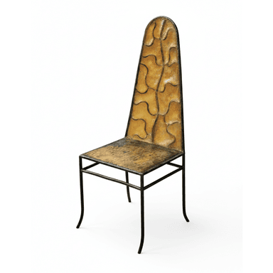 A single, tall-backed chair featuring a dark metal frame and a patinated metal seat and backrest with an organic, branching pattern. — 3D model (AI enhanced source)