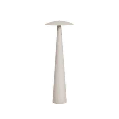 A modern floor lamp featuring a slender, conical base that tapers upwards, topped with a flat, disc-shaped shade. The entire lamp is finished in a uniform light gray or off-white matte color, presenting a minimalist and sculptural aesthetic. The design suggests indirect or downward-facing illumination. — 3D model (AI enhanced source)