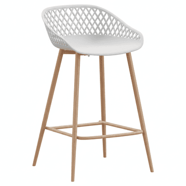 A modern bar stool featuring a white molded plastic seat with a lattice backrest, supported by four tapered wooden legs with an integrated square footrest. — 3D model (AI enhanced source)