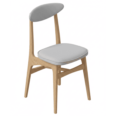 A modern dining chair with a light wooden frame and light grey fabric upholstery. The seat is a padded cushion, and the backrest is a curved, oval-shaped padded piece supported by the wooden frame. The chair features clean lines and a minimalist aesthetic. — 3D model (AI enhanced source)