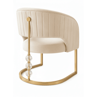 A contemporary barrel-shaped accent chair featuring channel-tufted cream upholstery, supported by a polished brass-finished metal frame that incorporates decorative clear acrylic spheres on the back support. — 3D model (AI enhanced source)