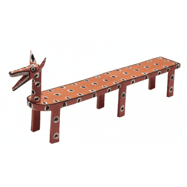 A long, narrow wooden bench featuring a stylized animal head, possibly a fox or dog, at one end. The bench is painted in reddish-orange and off-white colors with black and white spotted patterns across its surface and legs. It is supported by several short, rectangular legs. — 3D model (AI enhanced source)