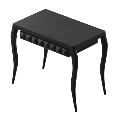A black console table featuring a rectangular top, four curved cabriole legs, and a single drawer. The drawer front has a distinctive textured, possibly pyramidal or studded, surface. The entire piece is finished in a matte black. — 3D model (AI enhanced source)