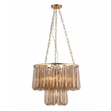 A contemporary tiered chandelier featuring a gold-finished metal frame and numerous textured, amber-toned glass shades. The fixture is suspended by a delicate chain from a matching ceiling canopy, with internal light sources illuminating the glass elements. — 3D model (AI enhanced source)