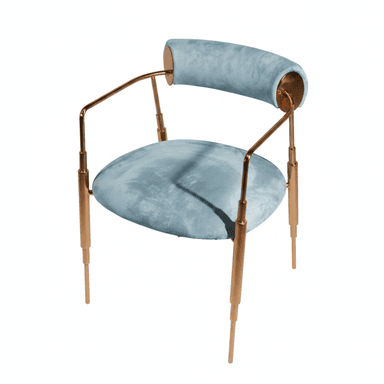 A contemporary armchair featuring light blue velvet upholstery on its circular seat and cylindrical bolster backrest, supported by a slender polished rose gold-tone metal frame and tapered legs. — 3D model (AI enhanced source)