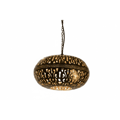 An ornate, globular pendant light crafted from dark brass or a similar metal, featuring intricate, hand-pierced cutout patterns that create a decorative glow when illuminated. The light fixture hangs from a chain, and its design is strongly reminiscent of traditional Moroccan or Middle Eastern artistry. The light source within emits a warm, inviting glow through the perforations. — 3D model (AI enhanced source)
