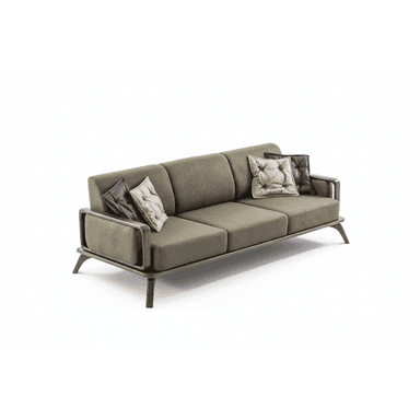 A modern three-seater sofa featuring an exposed dark wood frame and olive green fabric upholstery. It includes three individual seat cushions and three back cushions, accompanied by several smaller accent pillows, some of which are tufted. The distinctive open armrests are integrated into the frame, which extends to form tapered, angled legs. — 3D model (AI enhanced source)