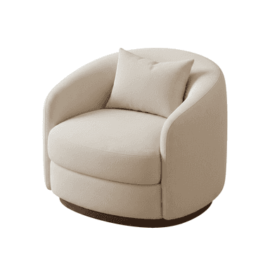 An upholstered barrel-shaped chair with a rounded back, integrated arms, and a loose back cushion, featuring a textured cream fabric and set on a dark, recessed swivel base. — 3D model (AI enhanced source)