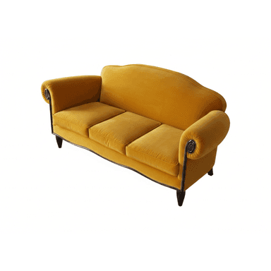 A traditional three-seater sofa upholstered in a rich golden yellow velvet fabric. It features prominent scrolled armrests, a gently curved backrest, and is adorned with decorative dark nailhead trim along the base and the exterior of the arms. The sofa is supported by four short, dark-finished, tapered wooden legs. — 3D model (AI enhanced source)