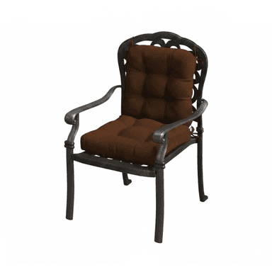 An outdoor patio armchair made of dark-finished cast aluminum, featuring an ornate scrollwork backrest, curved armrests, and dark brown tufted cushions for both the seat and back. — 3D model (AI enhanced source)