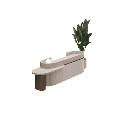 A modern reception desk with a curved, multi-tiered design. The main body features vertical fluting, with a smooth, rounded countertop and an integrated, minimalist spherical light fixture. A cylindrical support element is present on one end, and a planter with a lush green plant is integrated into the rear curve. — 3D model (AI enhanced source)
