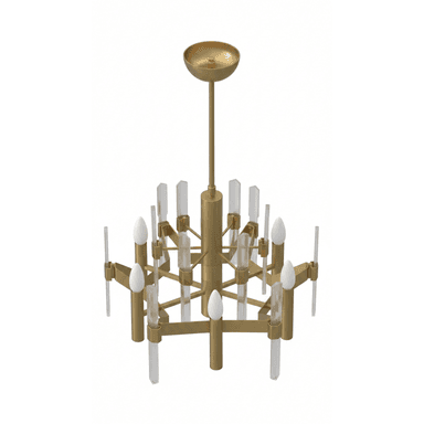 A multi-tiered chandelier with a brass-finished metal frame and clear acrylic elements. It features multiple light sockets designed for candelabra-style bulbs. — 3D model (AI enhanced source)