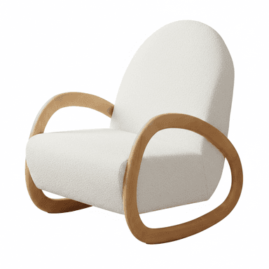 A contemporary rocking chair featuring a plush, off-white boucle upholstered seat and back, supported by a distinctive curved light wood frame that also forms the armrests and rocking base. The design emphasizes organic shapes and a seamless integration of materials. — 3D model (AI enhanced source)