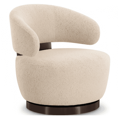 A contemporary swivel armchair featuring a rounded, barrel-like silhouette, upholstered in a cream-colored boucle fabric. The chair has a deep, comfortable seat and a low, curved backrest that forms continuous armrests. It rests on a dark, circular swivel base. — 3D model (AI enhanced source)