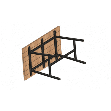 A rectangular table featuring a top made of parallel wooden slats in a light, natural finish. The table is supported by a sturdy black metal H-frame base with multiple reinforcing crossbars. — 3D model (AI enhanced source)