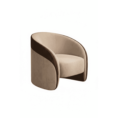 A modern, two-tone barrel-shaped accent chair with upholstered fabric in beige and brown. — 3D model (AI enhanced source)
