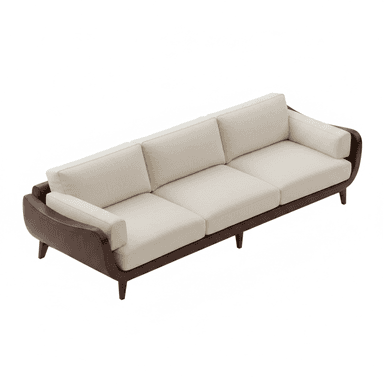 A modern three-seater sofa featuring a dark-stained exposed wooden frame with curved armrests and light-colored fabric upholstery. It has three individual seat cushions and three separate back cushions, supported by tapered wooden legs. — 3D model (AI enhanced source)