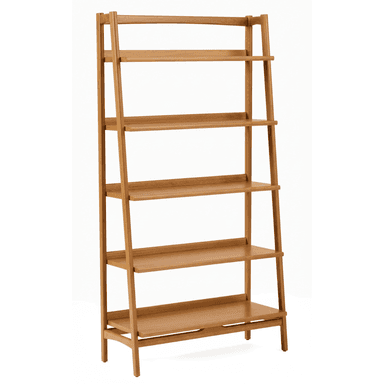 A modern freestanding bookshelf with an A-frame, ladder-style design, featuring five graduated shelves made from natural-finished wood. — 3D model (AI enhanced source)