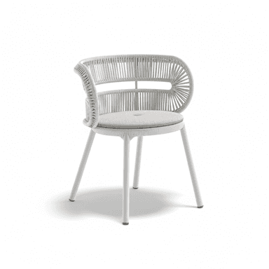 A contemporary armchair featuring a distinctive woven rope design for its backrest and integrated armrests. The chair has a sturdy powder-coated aluminum frame with four tapered legs. A light gray, button-tufted seat cushion provides comfort, contrasting subtly with the white woven rope and frame. — 3D model (AI enhanced source)