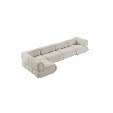 A modern, off-white bouclé fabric sectional sofa composed of multiple modules. It features rounded, soft edges and a low-profile design, creating a plush and inviting appearance. The individual sections include armless units, a corner unit, and an end unit with a distinctive rolled armrest. The upholstery has a textured, looped surface, contributing to its contemporary aesthetic. — 3D model (AI enhanced source)