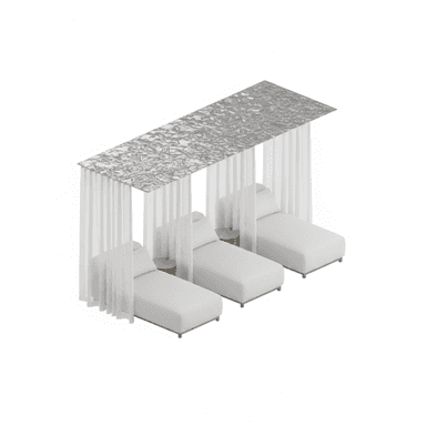 A contemporary outdoor relaxation unit featuring three individual chaise lounges arranged side-by-side, integrated within a canopy structure. The lounges are upholstered in a light-colored fabric, providing a cushioned surface. Sheer white curtains surround the perimeter, offering privacy and sun protection, while two small circular side tables are placed between the lounges for convenience. The canopy roof has a distinct textured, possibly metallic or reflective, finish. — 3D model (AI enhanced source)