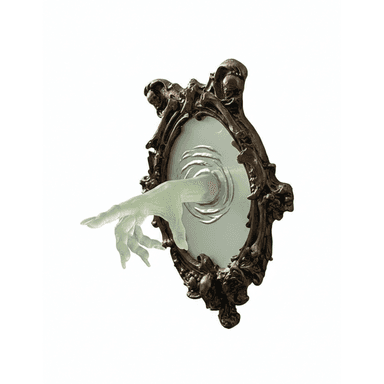 This decorative wall mirror features an elaborately carved, antique-style frame with gothic-inspired motifs, including skulls. Emerging from the mirrored surface is a translucent, sculpted hand, rendered in a pale, ghostly hue, creating a surreal and artistic statement piece. The mirror itself has a light, perhaps frosted or etched, surface that offers a soft reflection. — 3D model (AI enhanced source)