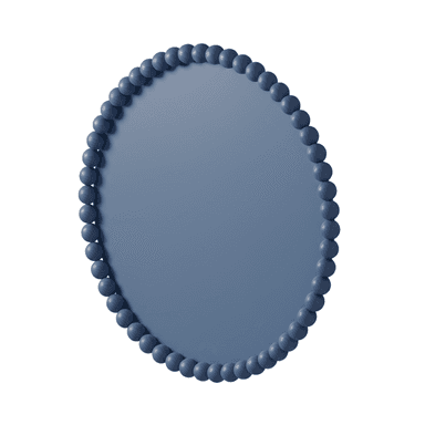 A circular mirror with a matte blue-grey finish, framed by a continuous border of evenly spaced, spherical beads of the same color and material. — 3D model (AI enhanced source)