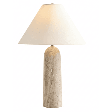 A contemporary table lamp featuring a solid, cylindrical base crafted from natural travertine stone, topped with a wide, conical fabric shade in a light cream or beige color. Small brass accents are visible where the shade connects to the base and at the top of the finial. — 3D model (AI enhanced source)