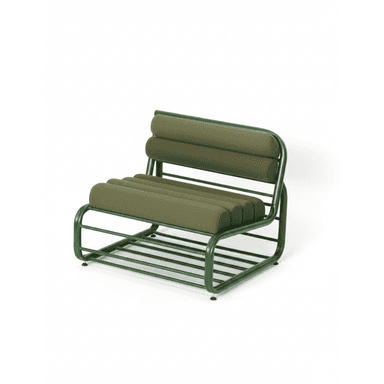 A modern lounge chair featuring a bent tubular steel frame and bolster-style cushions, all finished in a monochromatic forest green color. — 3D model (AI enhanced source)