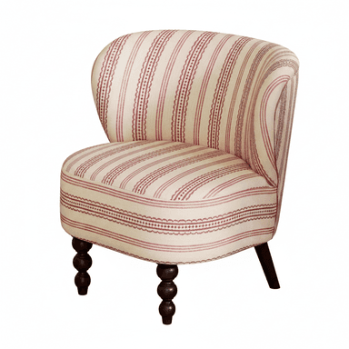A fully upholstered accent chair with a curved back and seat. The chair features a cream-colored fabric with a repeating pattern of thin red stripes and a more intricate red geometric pattern interspersed with the stripes. It is supported by four legs, with the front two legs having a turned, bulbous design and the rear legs being tapered and darker in color. The overall design suggests a vintage or traditional aesthetic. — 3D model (AI enhanced source)