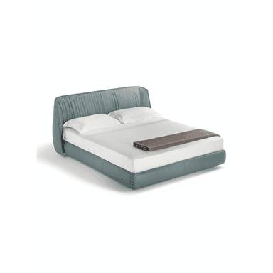 A contemporary upholstered platform bed featuring a high, slightly curved headboard with vertical ruching, and a matching low-profile upholstered base. The bed is presented with a white mattress, two white pillows, and a folded brown throw blanket. — 3D model (AI enhanced source)