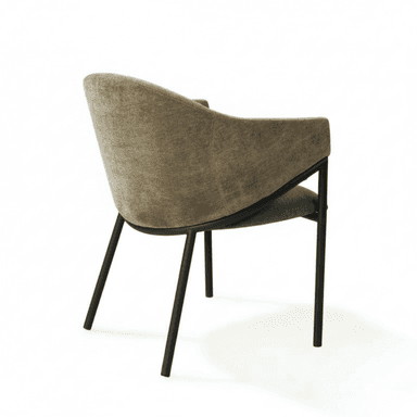 A contemporary upholstered dining armchair, featuring a rounded, continuous seat and backrest form clad in a textured olive-green fabric. The entire upholstered shell is supported by a sleek, black powder-coated metal frame with four slender, tapered legs. The design integrates armrests seamlessly into the backrest, providing a cohesive and modern aesthetic suitable for various interior settings. — 3D model (AI enhanced source)