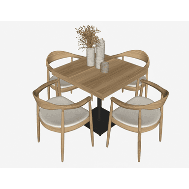 A complete modern dining set featuring a square wooden dining table with a black pedestal base, accompanied by four matching dining chairs. The chairs have light-colored wooden frames with gracefully curved backrests and armrests, supported by tapered legs, and feature light-colored upholstered seats. — 3D model (AI enhanced source)