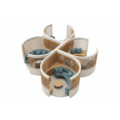 A modular multi-pod seating system composed of four interlinked semi-enclosed units, each featuring curved upholstered seating, some with integrated wooden tables, defined by curved white panels and natural wood slat screens. — 3D model (AI enhanced source)