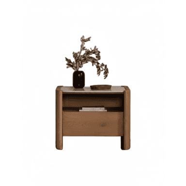 A contemporary nightstand constructed primarily from light brown wood, featuring a rectangular silhouette with distinctively rounded corners on all vertical edges. The top surface appears to be a lighter, possibly composite or stone material. It incorporates an open storage shelf and a single drawer, both subtly integrated into the design. The overall aesthetic is minimalist and modern. — 3D model (AI enhanced source)