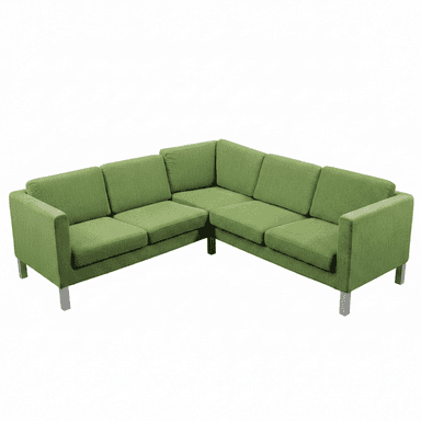 A modern L-shaped sectional sofa upholstered in a textured green fabric, featuring distinct seat and back cushions, track arms, and exposed square-profile silver-toned metal legs. The sofa is composed of two interconnected sections forming a right-angle configuration. — 3D model (AI enhanced source)